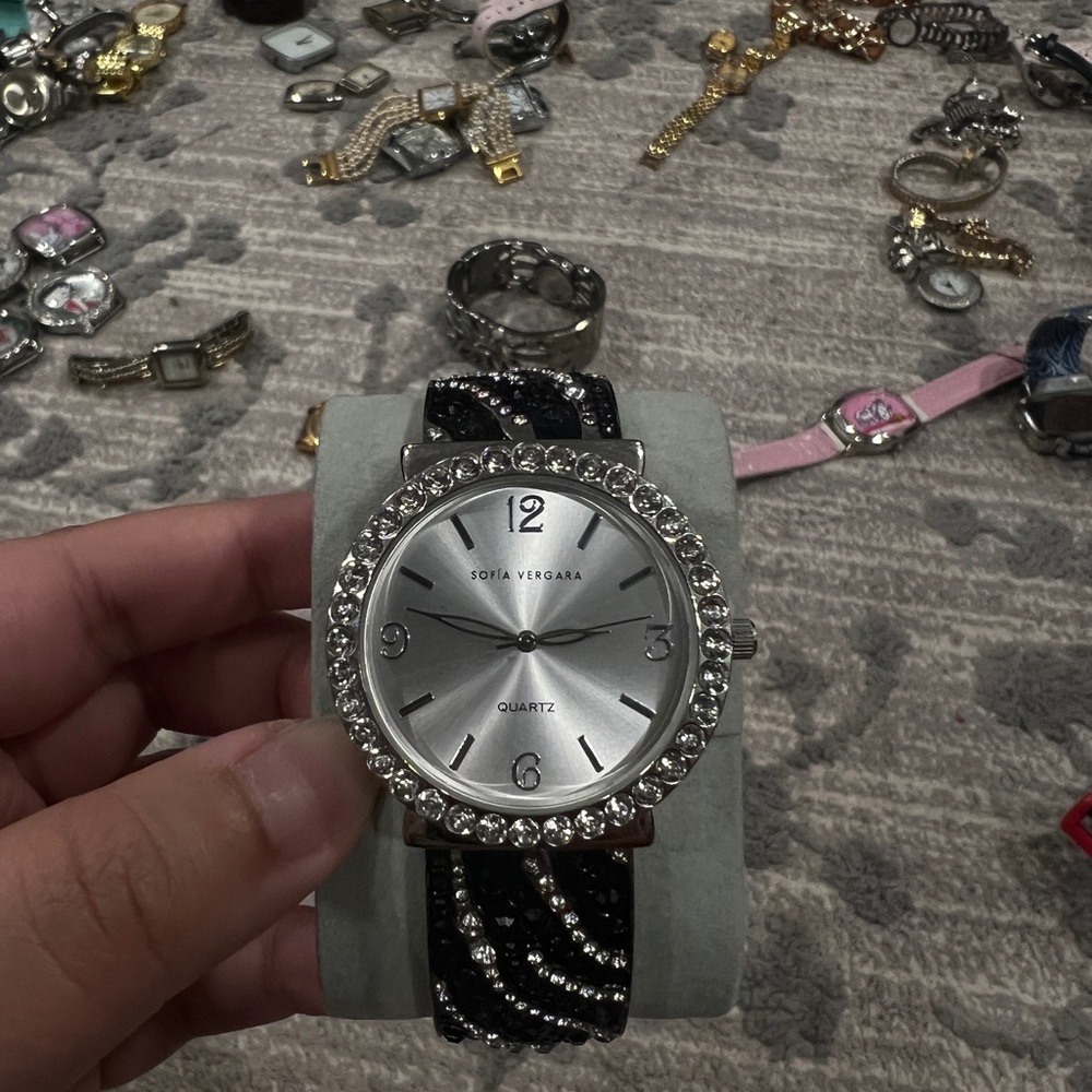 Sofia Vergara Black  Crystal Hinge Open Cuff Bracelet Band Watch 6.5 inch